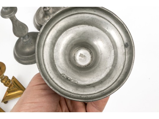 Collection Of Nine Antique Brass And Pewter Candlesticks