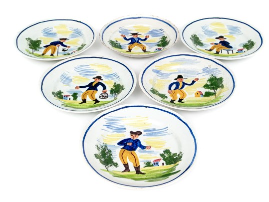 Set Of Six Antique French Faience Quimper Hand-Painted Ceramic Bowls