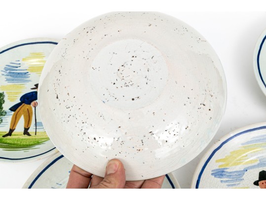 Set Of Six Antique French Faience Quimper Hand-Painted Ceramic Bowls