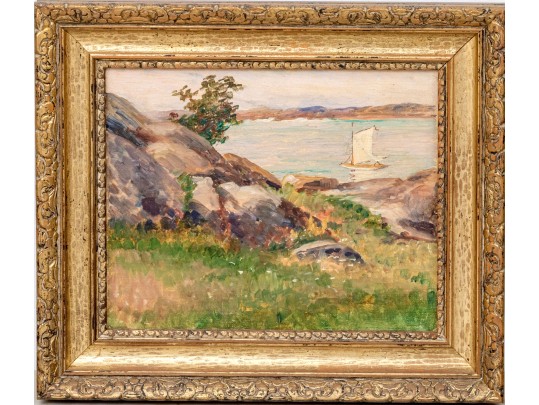 American Impressionist School, Oil On Board, Landscape With Sailboat In Distance