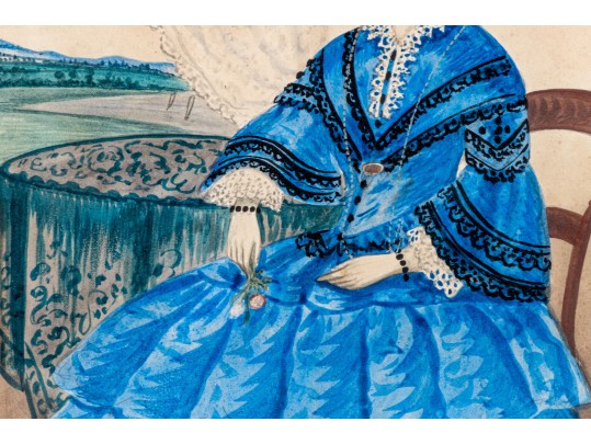 American School, Watercolor Of A Woman In Blue Dress Ca. 1840-60