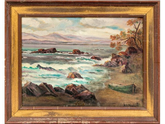 Adorable Oil On Board, Coastal Landscape With Beached Rowboat, Signed: M.J. Carriner 
