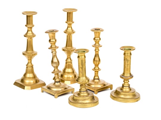 Group Of Six Antique Brass Candlesticks