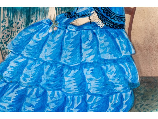 American School, Watercolor Of A Woman In Blue Dress Ca. 1840-60