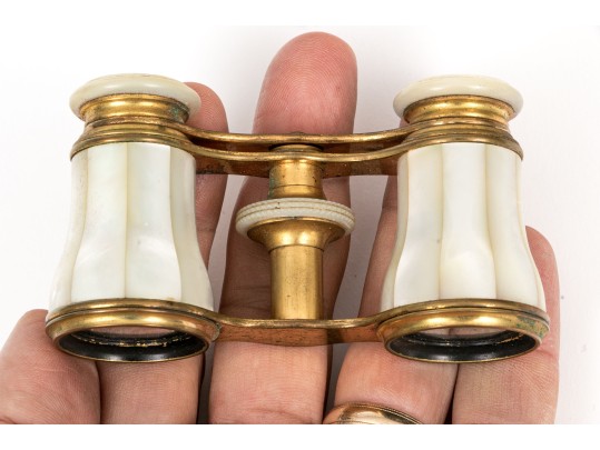 French LeMaire Mother Of Pearl And Brass Opera Glasses, With Leather Case