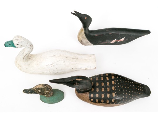 Group Of Four Hand Carved And Painted Decoys With A Carved Head