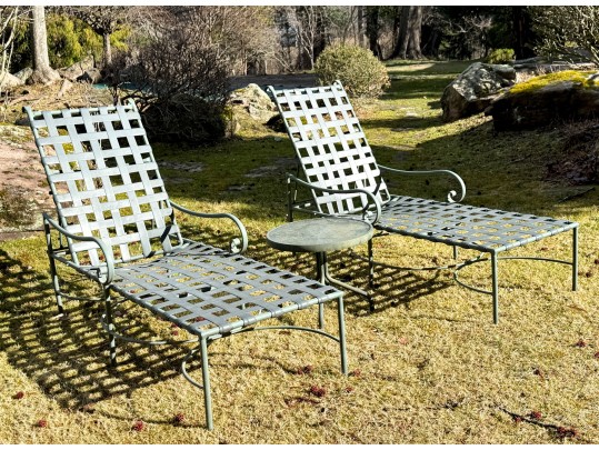 Pair Of Brown Jordan Vintage Chaise Lounges With Side Table