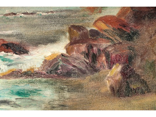 Adorable Oil On Board, Coastal Landscape With Beached Rowboat, Signed: M.J. Carriner 