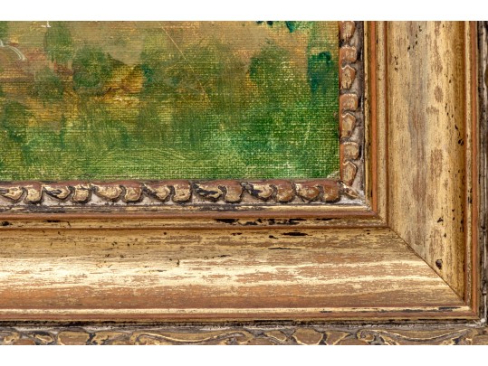 American Impressionist School, Oil On Board, Landscape With Sailboat In Distance