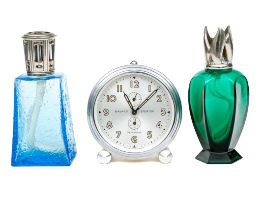 Two Lampe Berger Glass Oil Lamps With Bayard Stentor Repetition Clock