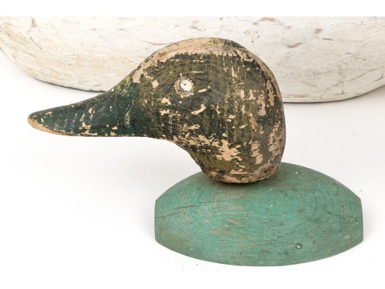 Group Of Four Hand Carved And Painted Decoys With A Carved Head
