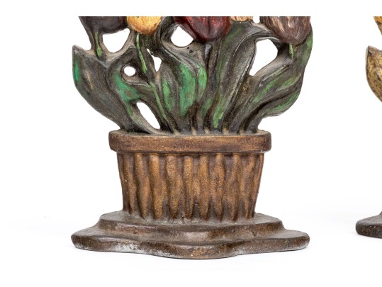 Pair Of Antique Cast Iron Painted Tulip Planter Form Doorstops