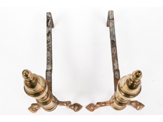 A Fine And Unusual Pair Of American Federal Brass And Iron Andirons, Ca. 1790-1810