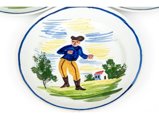 Set Of Six Antique French Faience Quimper Hand-Painted Ceramic Bowls