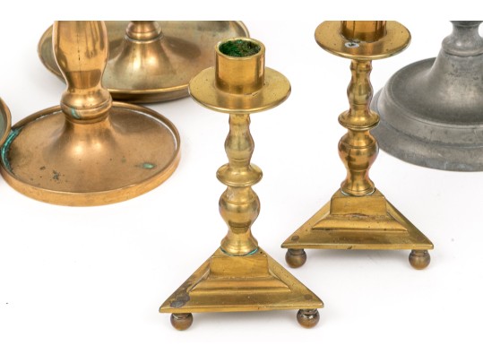 Collection Of Nine Antique Brass And Pewter Candlesticks