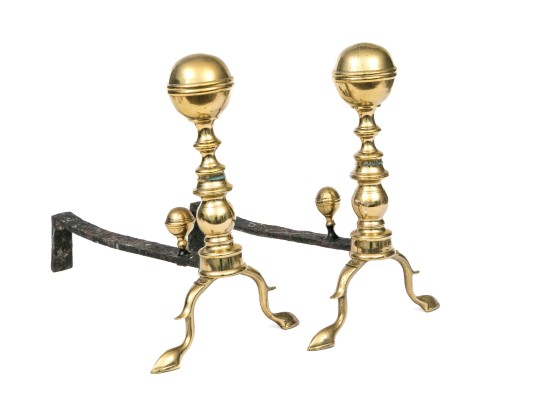 Pair Of American Federal Cast Brass Cannonball Andirons, Ca. 1800-1820