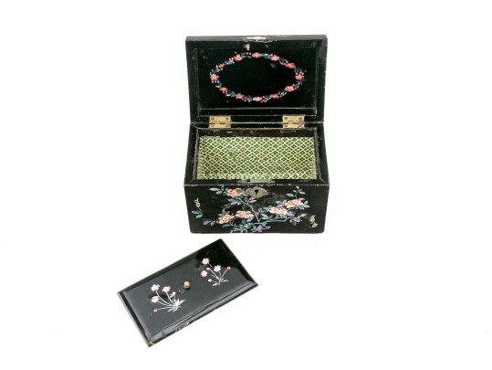 Chinese Export Lacquered And Mother Of Pearl Inlaid Tea Caddy, 19th Century