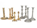 Collection Of Nine Antique Brass And Pewter Candlesticks