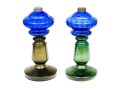 Unusual Pair Of Antique Hand-blown Glass And Brass Oil Lamps