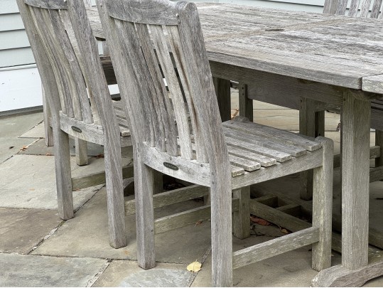 Smith And Hawken Teak Trestle Dining Table With Six Teak Dining Chairs