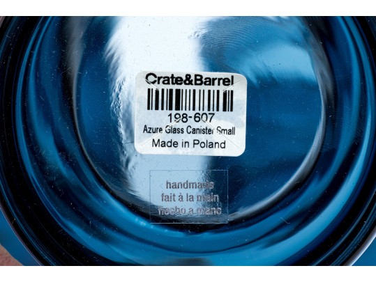Suite Of Three Crate & Barrel Hand-Made Azure Glass Lidded Canisters