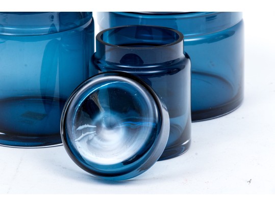 Suite Of Three Crate & Barrel Hand-Made Azure Glass Lidded Canisters