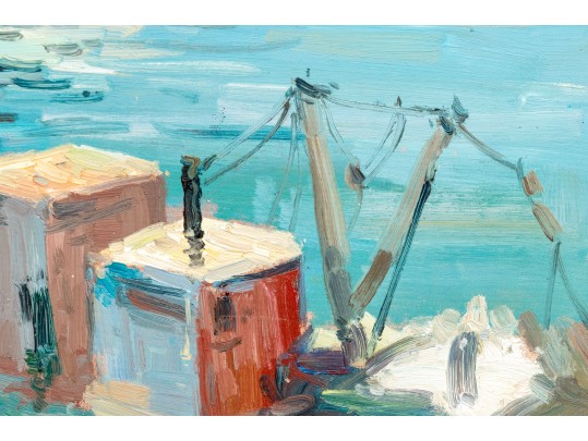 E. Veret Signed Oil On Canvas, Ship Docked In A Harbor