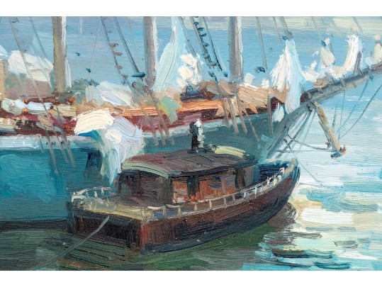 E. Veret Signed Oil On Canvas, Ship Docked In A Harbor