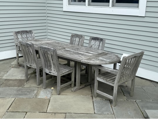 Smith And Hawken Teak Trestle Dining Table With Six Teak Dining Chairs