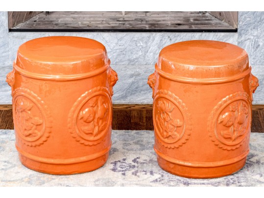Vibrant Orange Pair Of Chinese Ceramic Garden Stools