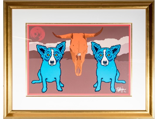George Rodrigue (American [LA], 1944-2013) Ltd. Ed. Silkscreen On Paper, Blue Dogs And Cow Skull