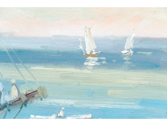 E. Veret Signed Oil On Canvas, Ship Docked In A Harbor