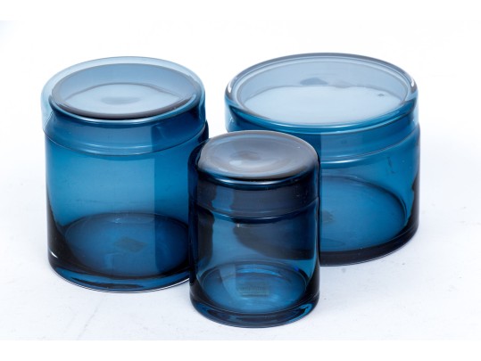 Suite Of Three Crate & Barrel Hand-Made Azure Glass Lidded Canisters