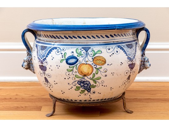 Italian Hand-Painted Ceramic Jardiniere With Brass Stand