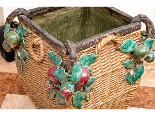 Vintage Faux Wicker Glazed Ceramic Jardiniere