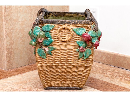 Vintage Faux Wicker Glazed Ceramic Jardiniere