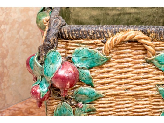 Vintage Faux Wicker Glazed Ceramic Jardiniere