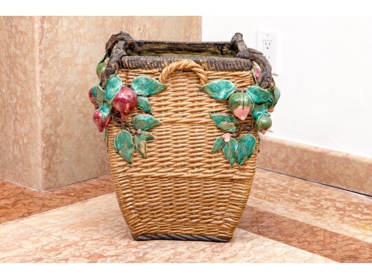 Vintage Faux Wicker Glazed Ceramic Jardiniere