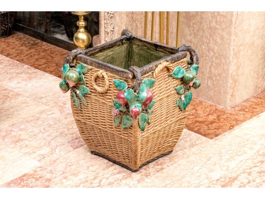 Vintage Faux Wicker Glazed Ceramic Jardiniere