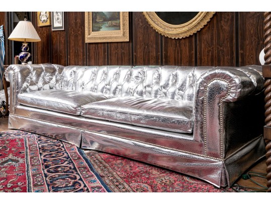 Fabulous Silver Upholstered Chesterfield Style Sofa
