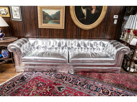 Fabulous Silver Upholstered Chesterfield Style Sofa