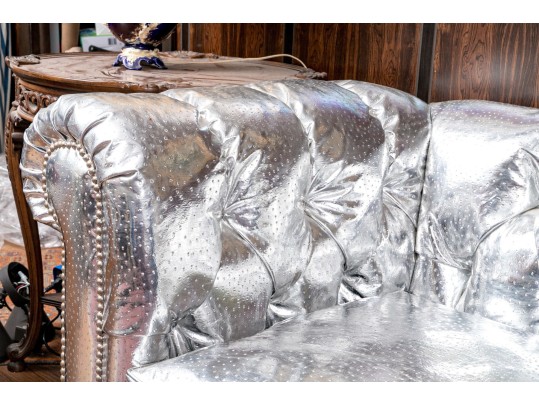 Fabulous Silver Upholstered Chesterfield Style Sofa