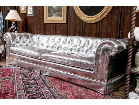 Fabulous Silver Upholstered Chesterfield Style Sofa