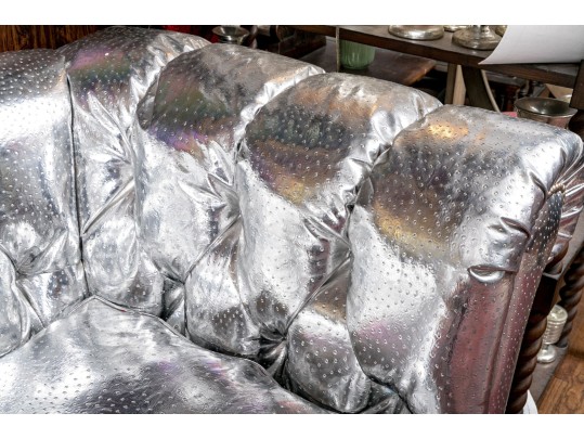 Fabulous Silver Upholstered Chesterfield Style Sofa