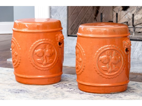 Vibrant Orange Pair Of Chinese Ceramic Garden Stools