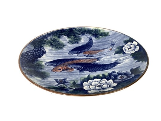 Large Japanese Sun Ceramics Toyo Koi Fish Ceramic Charger, 14 1/4