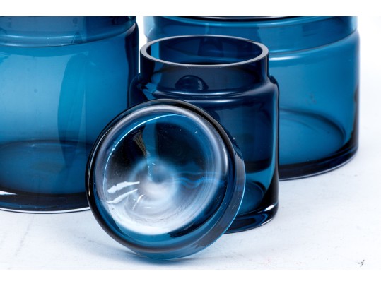 Suite Of Three Crate & Barrel Hand-Made Azure Glass Lidded Canisters