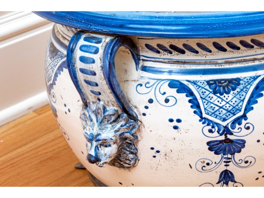 Italian Hand-Painted Ceramic Jardiniere With Brass Stand