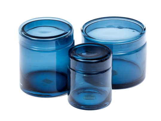 Suite Of Three Crate & Barrel Hand-Made Azure Glass Lidded Canisters