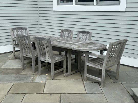 Smith And Hawken Teak Trestle Dining Table With Six Teak Dining Chairs